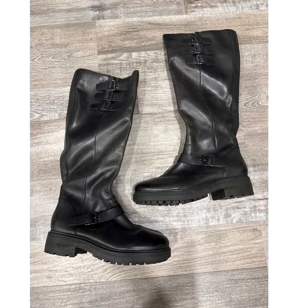 Lucky Brand Citere Black Leather Tall Moto Lug Sole Buckle Boots 7M NEW